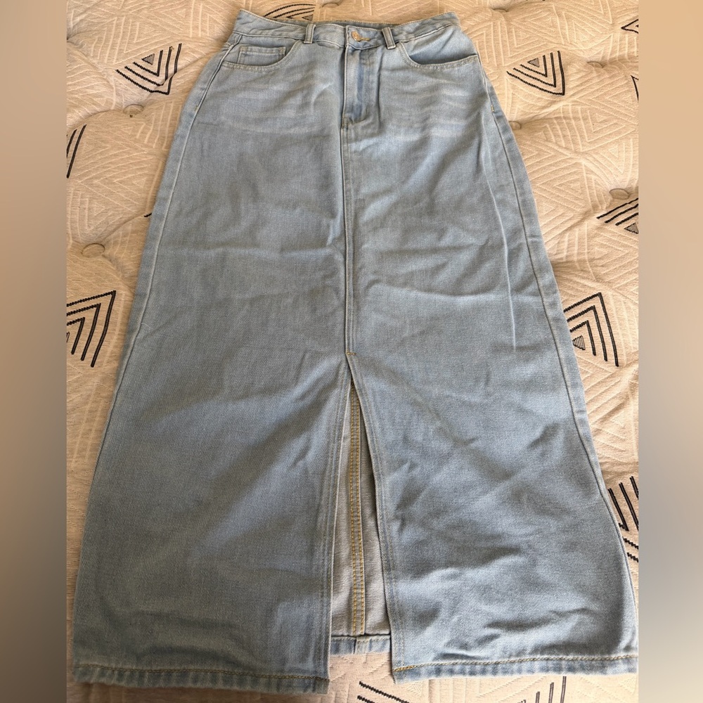 SHEIN Light Blue Denim Midi Skirt with Front Slit